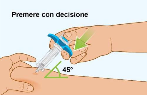 Mano che preme un dispositivo per iniezione blu con ago inserito nella pelle a 45 gradi freccia verde indica la pressione