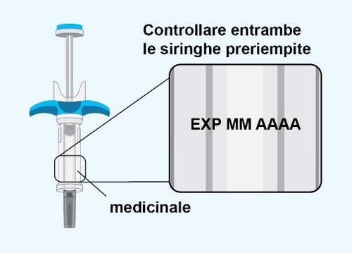 Siringa preriempita blu e bianca con indicatore di data di scadenza EXP MM AAAA e scritta medicinale in basso