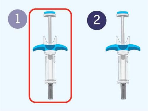 Siringa pre-riempita con stantuffo blu e nero, evidenziata da un riquadro rosso, e siringa identica senza riquadro numerata 1 e 2