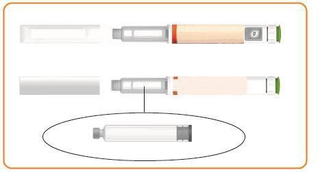 Penna per insulina con cartuccia, ago e componenti separati evidenziati da un cerchio e da una linea