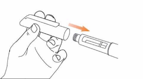 Mano che avvita un ago arancione a un dispositivo penna per iniezione bianca con una freccia che indica la direzione