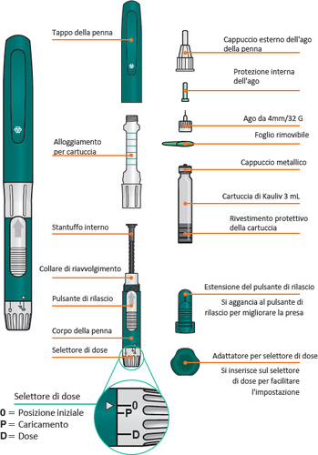 Penna per iniezione con componenti etichettati: tappo, corpo, pulsante, selettore di dose e cartuccia con ago