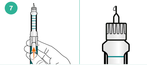 Penna iniettabile con meccanismo a rotazione e ago protetto da cappuccio, freccia arancione indica la direzione di attivazione