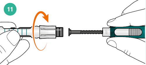 Dispositivo di iniezione con ago avvitato e meccanismo di rotazione indicato da una freccia circolare tenuto da una mano