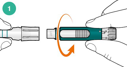 Penna iniettabile con due componenti avvitabili, freccia arancione indica rotazione, mani che tengono lo strumento