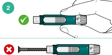 Corretta e scorretta posizione del dispositivo di iniezione auto-iniettante con indicazione di lotto e freccia direzionale