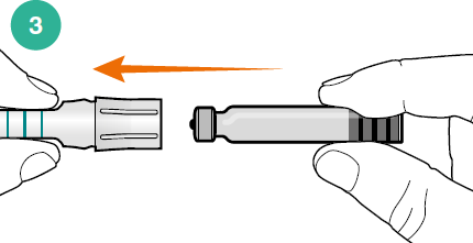 Due mani che connettono una siringa ad un flaconcino di medicinale con una freccia arancione che indica la direzione