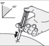Mano che tiene una siringa con ago inserito nella pelle ad angolo di 45 gradi indicata da una linea e freccia