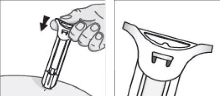 Dispositivo autoiniettante con stantuffo spinto e ago esposto a sinistra, dettaglio del supporto a destra