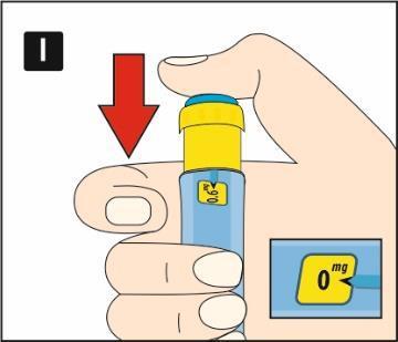 Mano che tiene un dispositivo per iniezione giallo e blu con freccia rossa direzionale e finestra di dosaggio indicante 0 mg
