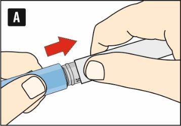 Mano che collega un adattatore blu a una siringa grigia, freccia rossa indica la direzione di connessione