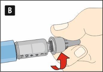 Dispositivo di iniezione con ago parzialmente inserito e freccia rossa che indica la direzione di rotazione