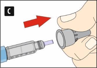 Mano che tiene un dispositivo per iniezione con ago protetto e freccia rossa che indica la direzione di rimozione
