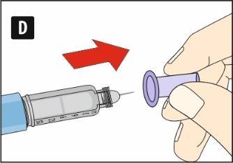 Siringa con ago collegato e cappuccio protettivo viola, freccia rossa indica la direzione di rimozione del cappuccio tenuto con le dita