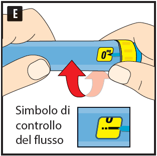 Mano che tiene un dispositivo medico blu con indicatore di dose 0mg e freccia rossa che indica il simbolo di controllo del flusso