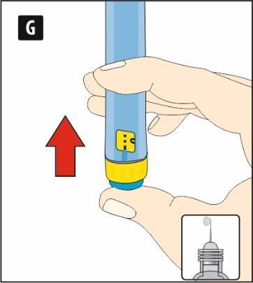 Mano che tiene un dispositivo blu e giallo con ago, freccia rossa che indica il punto di iniezione e dettaglio dell