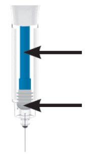 Siringa trasparente con pistone blu e ago sottile, frecce nere indicano il punto di inserimento e la base filettata