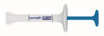 Siringa pre-riempita Omvoh 100mg con corpo bianco e punta blu, pronta per l