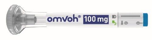 Penna precompilata omVoh® 100 mg con indicatore di dose visibile e meccanismo di iniezione trasparente