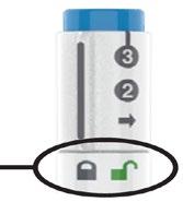 Penna iniettabile bianca con numeri 2 e 3 e freccia verso il basso cerchio nero evidenzia lucchetto aperto e chiave verde