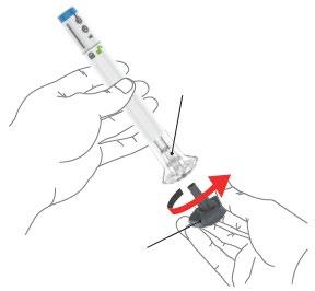 Mano che ruota un dispositivo autoiniettante trasparente con ago visibile e freccia rossa che indica il movimento rotatorio