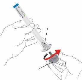 Mano che ruota un dispositivo medico con ago sulla pelle, freccia rossa indica rotazione e connessione del dispositivo