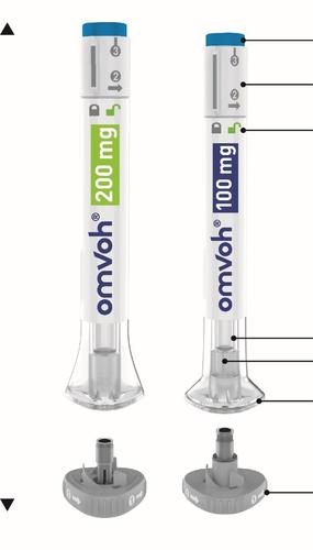 Due penne per iniezione pre-riempite omvoh con dosaggi 200mg e 100mg, con indicatori numerici e frecce direzionali