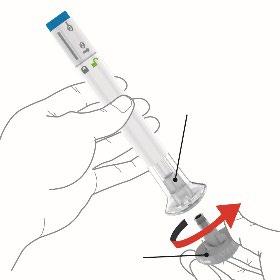 Siringa pre-riempita con ago protetto da cappuccio, mano che la tiene e freccia rossa che indica la rotazione del dispositivo