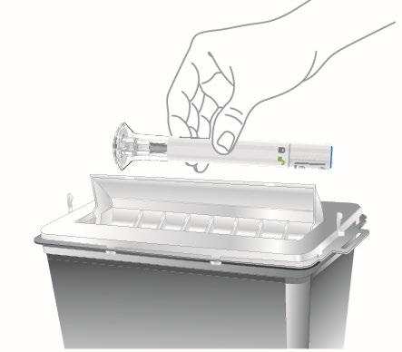 Siringa pre-riempita con ago protetto che viene posizionata in un contenitore di smaltimento rigido grigio