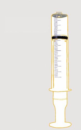 Siringa trasparente con stantuffo nero e scala graduata gialla per misurare il volume del liquido iniettabile