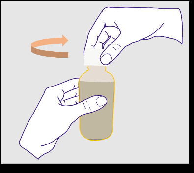 Mani che tengono e ruotano un flacone medicinale marrone con un tappo giallo e una freccia arancione che indica il movimento