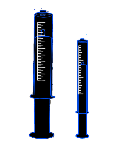Due siringhe di diverse dimensioni mostrano il cilindro graduato nero con marcature gialle e il pistone blu