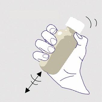 Mano che stringe un flacone marrone con tappo bianco e frecce nere indicano la direzione di rotazione