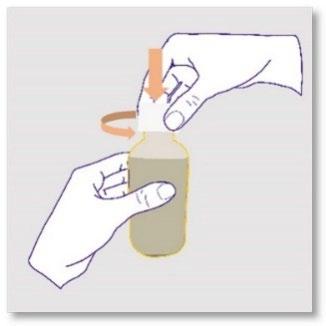 Mani che tengono e ruotano un flacone medicinale con tappo arancione e freccia che indica il movimento