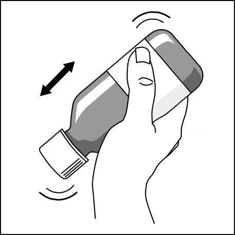 Mano che agita un flacone medicinale grigio con tappo bianco e freccia bidirezionale indicante il movimento