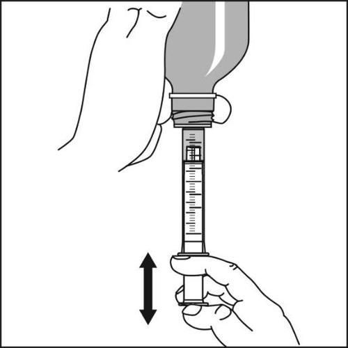 Fiala di vetro collegata a una siringa trasparente con stantuffo in movimento verso il basso e freccia direzionale