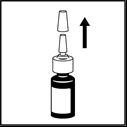 Fiala marrone con tappo e ago, freccia nera indica direzione di estrazione verso l