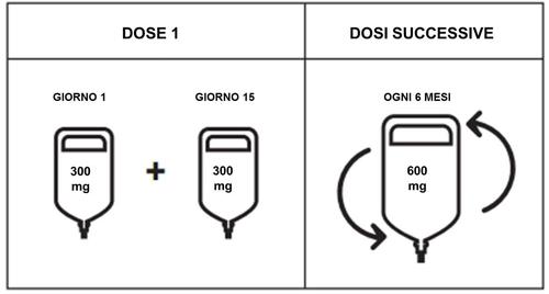 Schema di dosaggio con fiale da 300mg e 600mg indicate per giorni 1 e 15 e ogni 6 mesi con freccia circolare