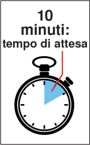 Cronometro nero con lancetta blu che indica dieci minuti di attesa con scritta