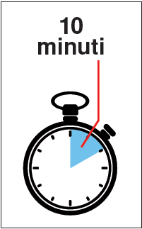 Cronometro nero con indicazione di 10 minuti e freccia rossa che indica un quarto del cerchio blu