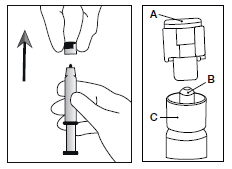 Mano che tiene un iniettore precompilato con ago protetto e componenti separati indicati con le lettere A, B e C