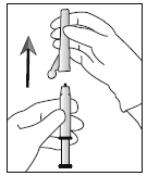Mano che tiene una penna per iniezione con ago esposto e freccia che indica la direzione di inserimento