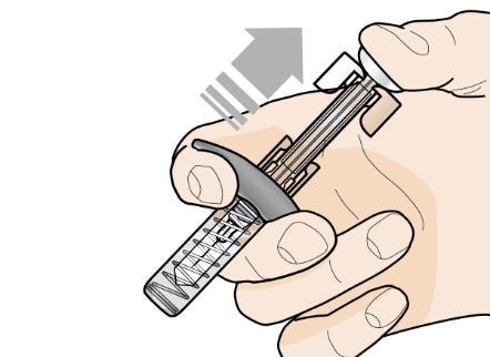 Mano che tiene un dispositivo per iniezione precompilato con ago esposto e freccia che indica la direzione di inserimento