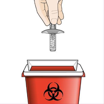 Siringa preriempita sopra un contenitore rosso per rifiuti speciali con simbolo biohazard e ago esposto