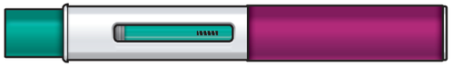Penna iniettabile con corpo blu-verde e parte posteriore color magenta con indicatore di dose centrale