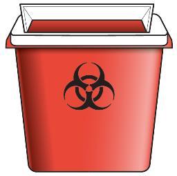 Contenitore rosso per rifiuti speciali con simbolo di rischio biologico nero e coperchio bianco aperto