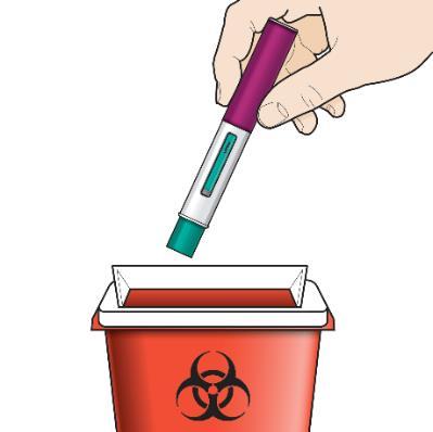 Penna per iniezione viola e bianca sopra un contenitore rosso per rifiuti biologici con simbolo di bio pericolo