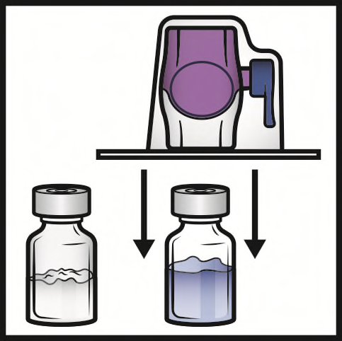 Dispositivo di riempimento viola sopra due fiale trasparenti una vuota e l