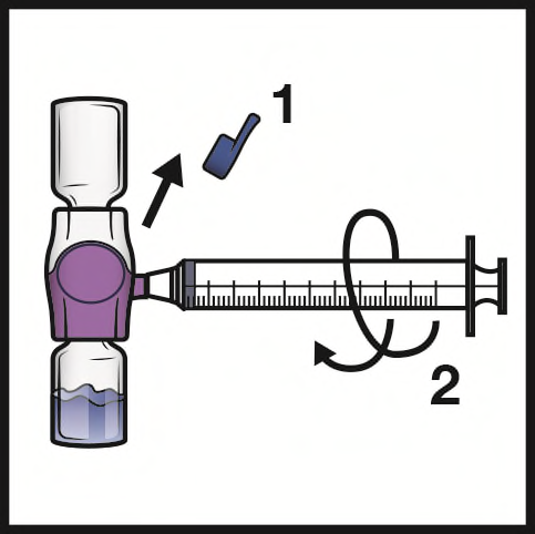 Siringa pre-riempita con farmaco viola collegata a una fiala trasparente con liquido blu e frecce che indicano i passaggi di utilizzo