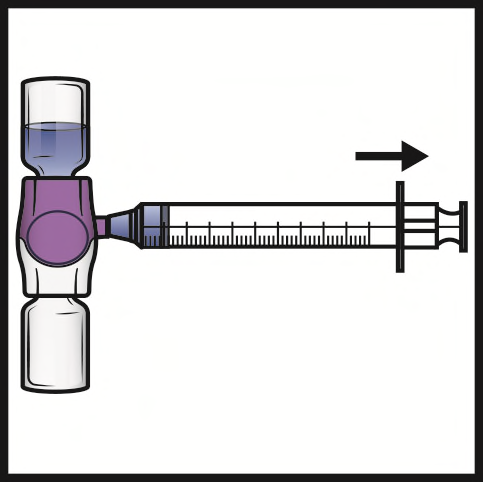 Siringa pre-riempita con farmaco liquido blu e viola, indicazione freccia nera per l